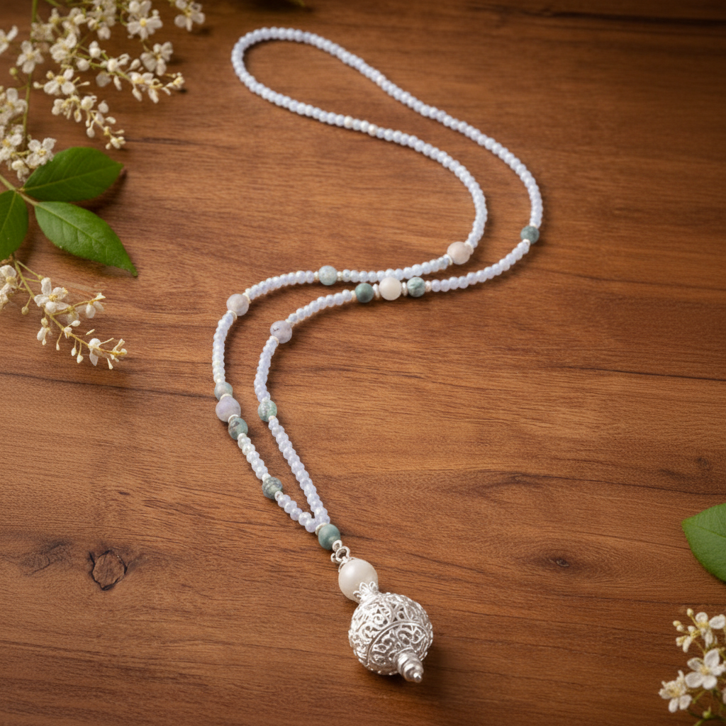 Kette mit Kugelanhänger aus grauem Achat und Glas