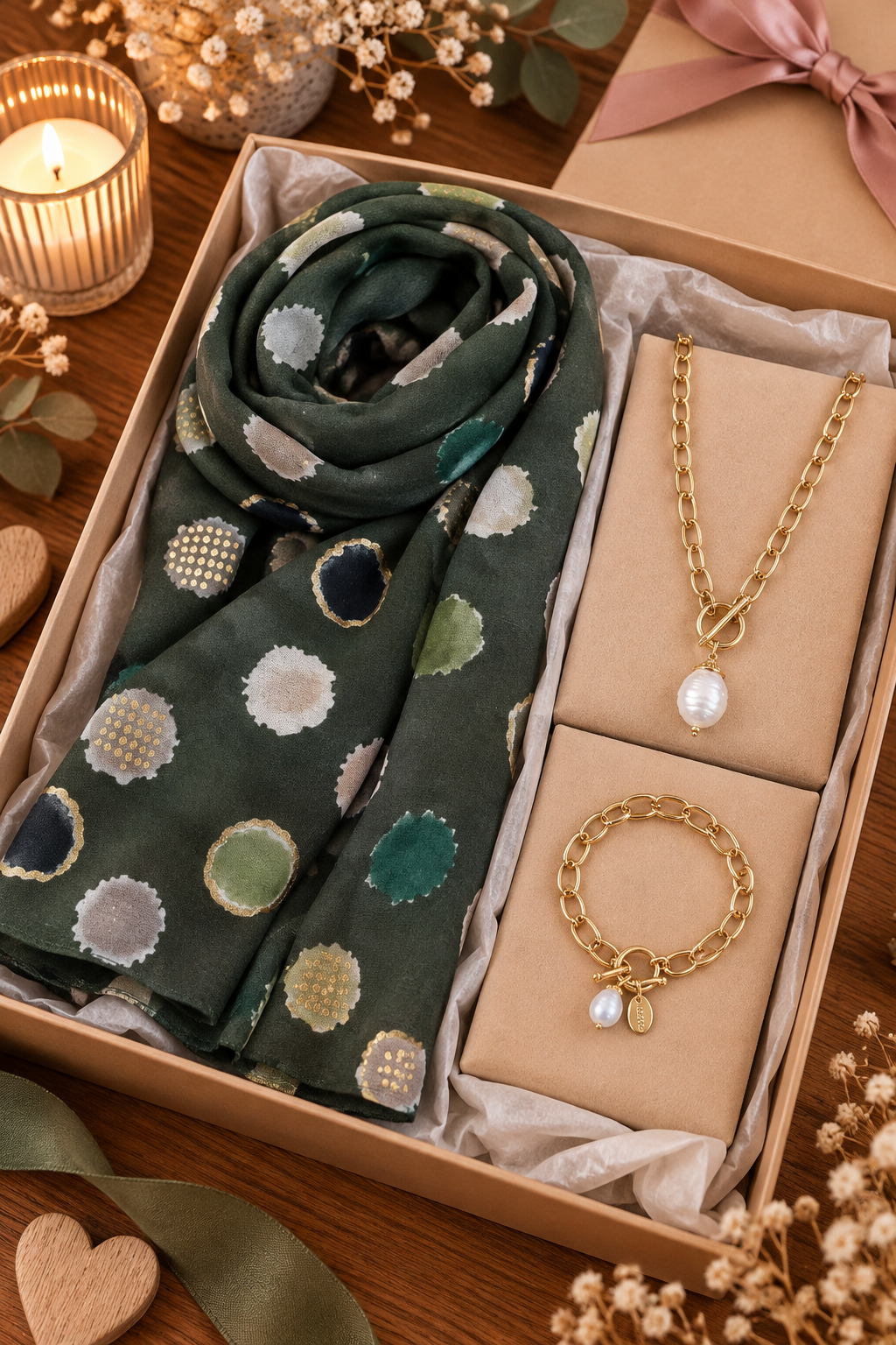 Geschenkset mit echten Shellbeads aus Muschelkern – Schal, lange Halskette & Armband
