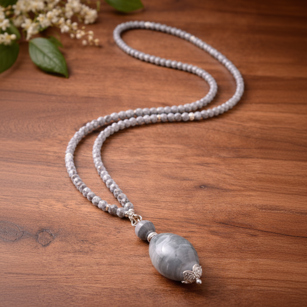 Kette mit Kugelanhänger aus echten Süsswasserperlen und Glas in Grau