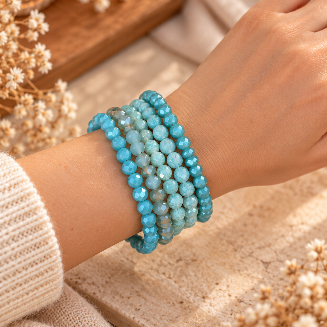 Armband-Set aus echtem Amazonit und Glas - 5-teilig