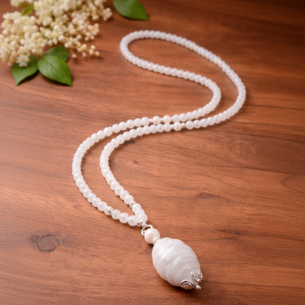 Kette mit Kugelanhänger aus echten Süsswasserperlen und Glas in Weiss