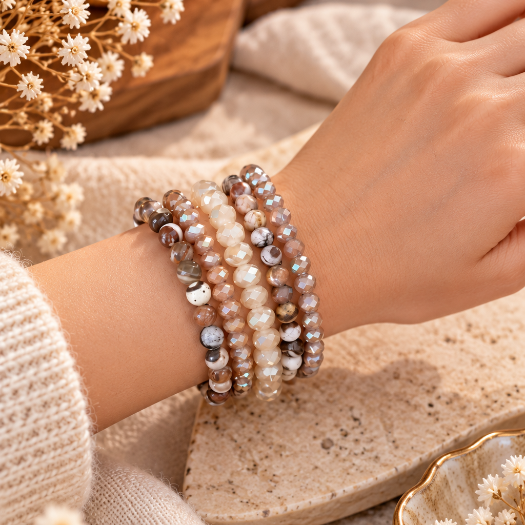 Armband-Set aus echtem Mookait und Glas – 5-teilig