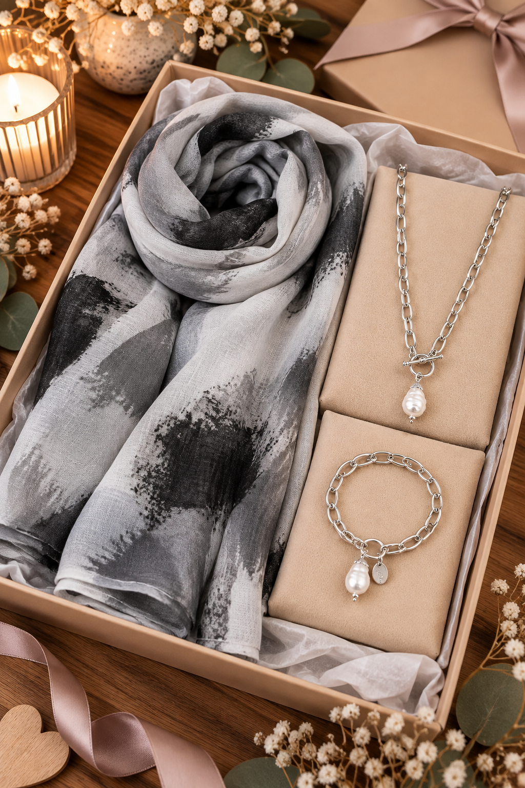 Geschenkset mit echten Shellbeads aus Muschelkern silberfarbig