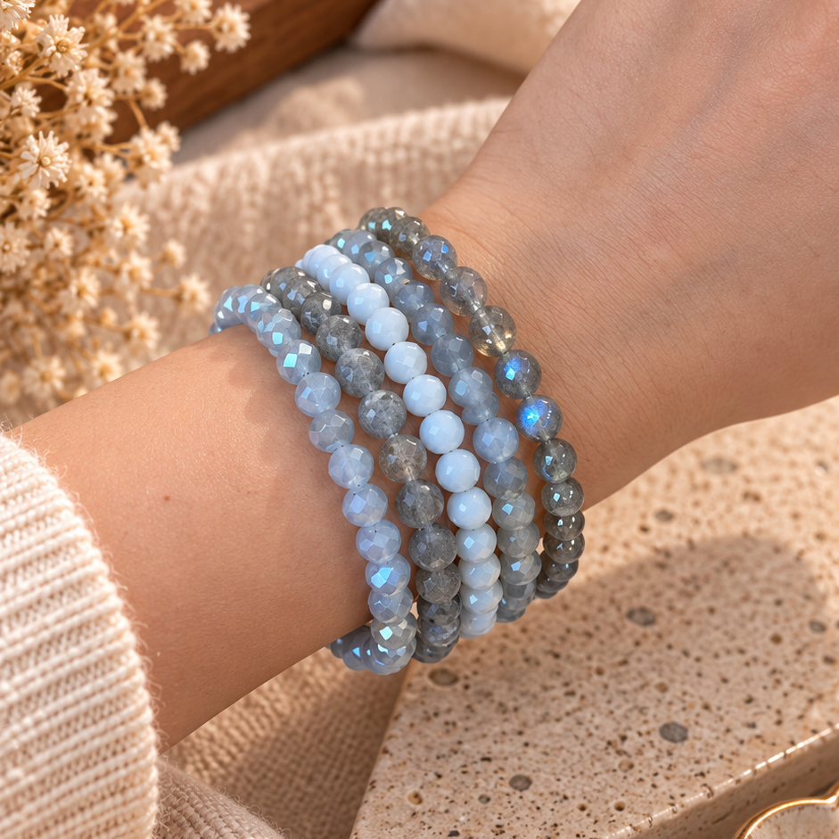 Armband-Set aus echtem Labradorit und Glas - 5-teilig