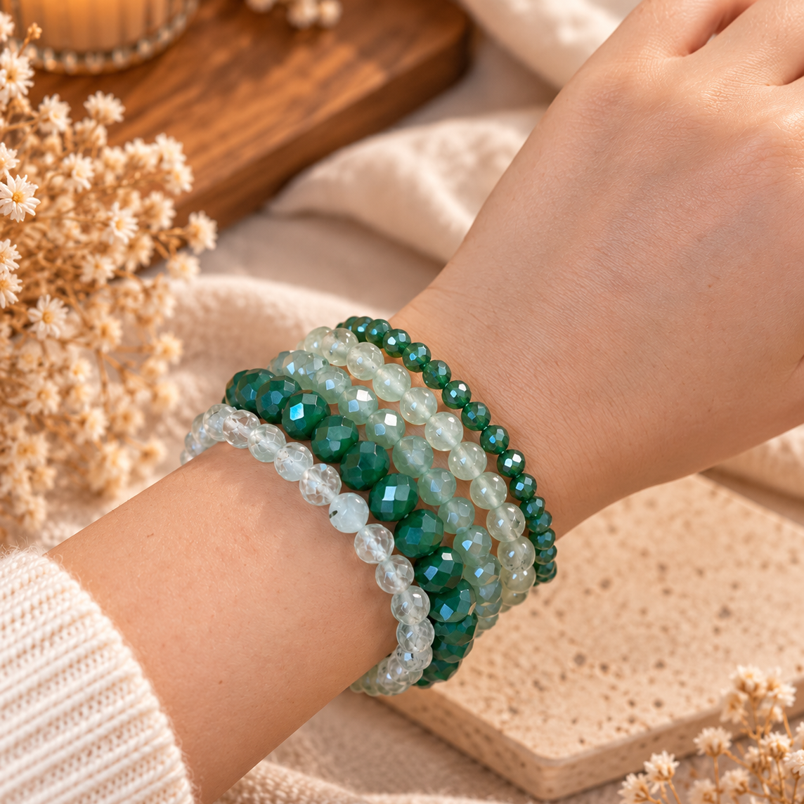 Armband-Set aus echtem Prehnit und Glas - 5-teilig