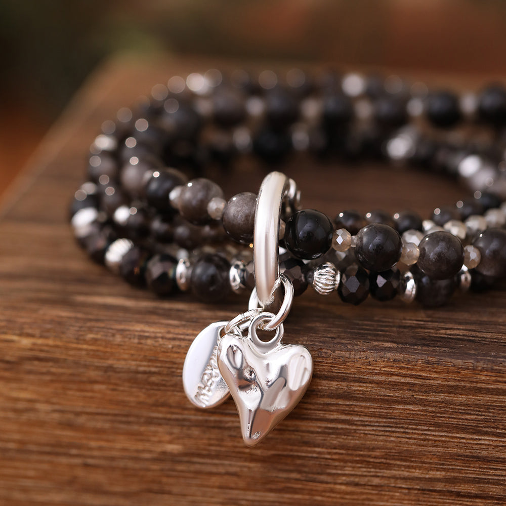 Armband aus echtem Obsidian mit Herzanhänger