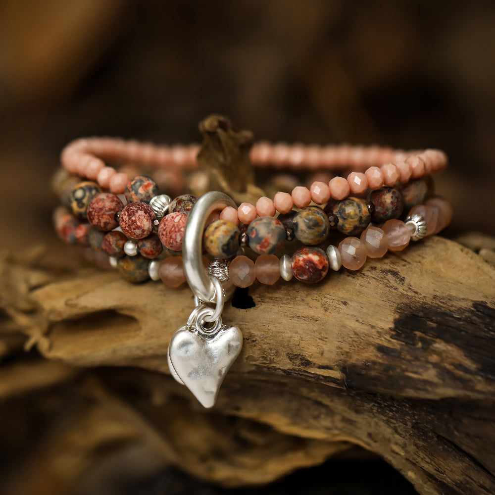 Armband aus echtem Leoparden Jaspis mit Herzanhänger rosa