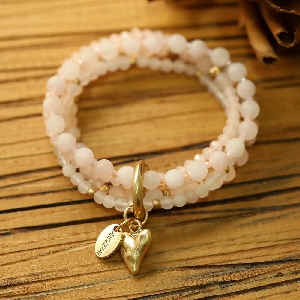 Armband aus echtem Rosenquarz mit Herzanhänger