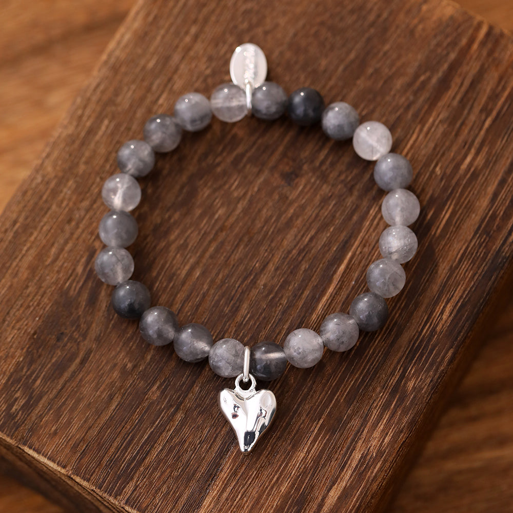 Armband aus echtem Grauer Achat mit Herzanhänger