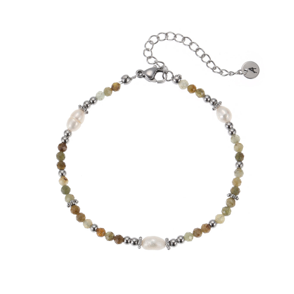 Armband aus echtem Prehnit mit Süsswasserperlen silberfarbig