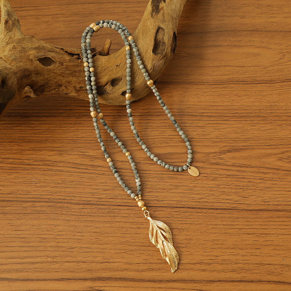 Halskette aus echtem picasso Jaspis mit Federanhänger