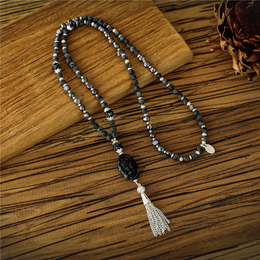 Halskette aus echtem Spektrolith mit Süsswasserperlen mit Pendant