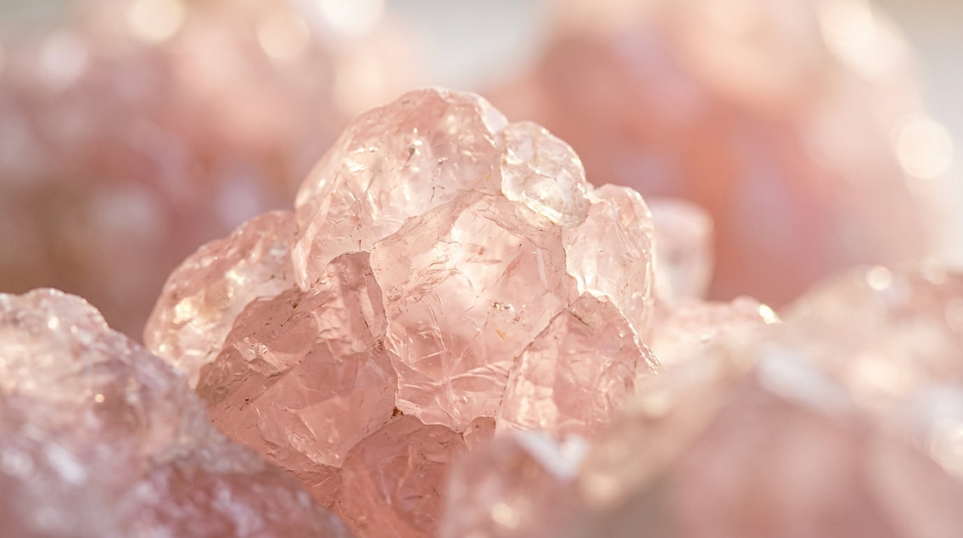 Ethereale Nahaufnahme von natürlichen Rosenquarz Kristallen – Die sanfte Rosenquarz Wirkung für Herzöffnung und Harmonie bei Andreani.