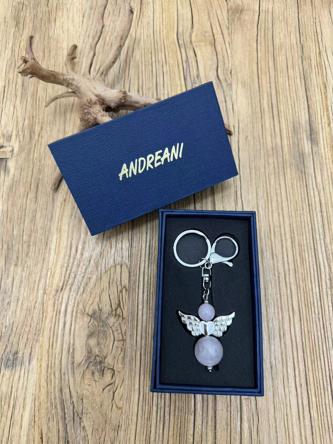 Schlüsselanhänger "Engel" aus echtem Rosenquarz Andreani – Handgemachter Schmuck