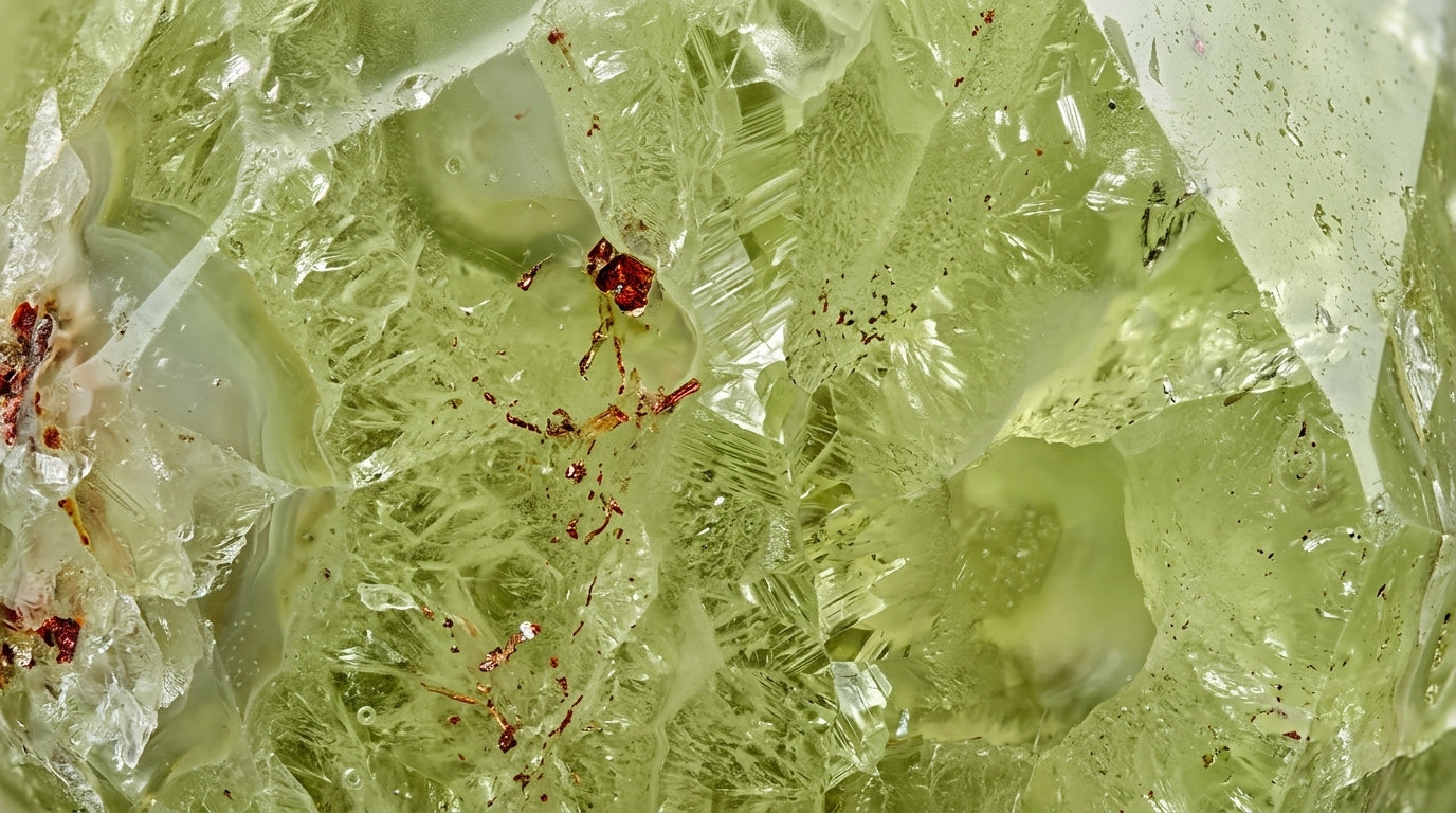 Nahaufnahme eines grünen Cuprit Edelsteins – Die Cuprit Wirkung für Erdung, Vitalität und weibliche Energie, handgefertigt in der Schweiz von Andreani
