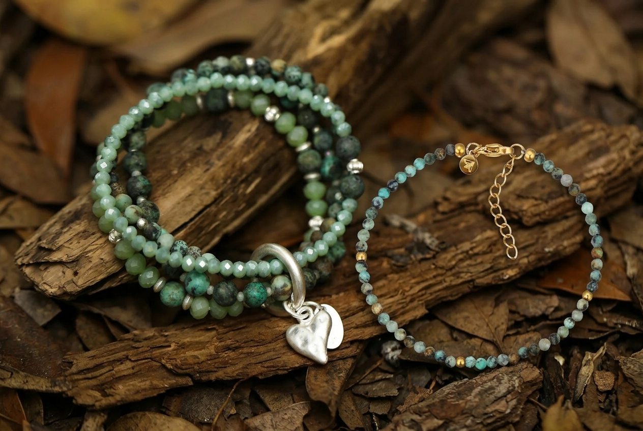 Zwei Armbänder liegen auf Baumrindenstücken und trockenen Blättern. Das linke ist ein mehrsträngiges Wickelarmband mit facettierten hellgrünen und dunkleren gemusterten grünen Perlen, silbernen Zwischenstücken und einem silbernen Herzanhänger. Das rechte ist ein filigranes Armband aus kleinen türkis-grünen und goldenen Perlen mit einem goldenen Verschluss.