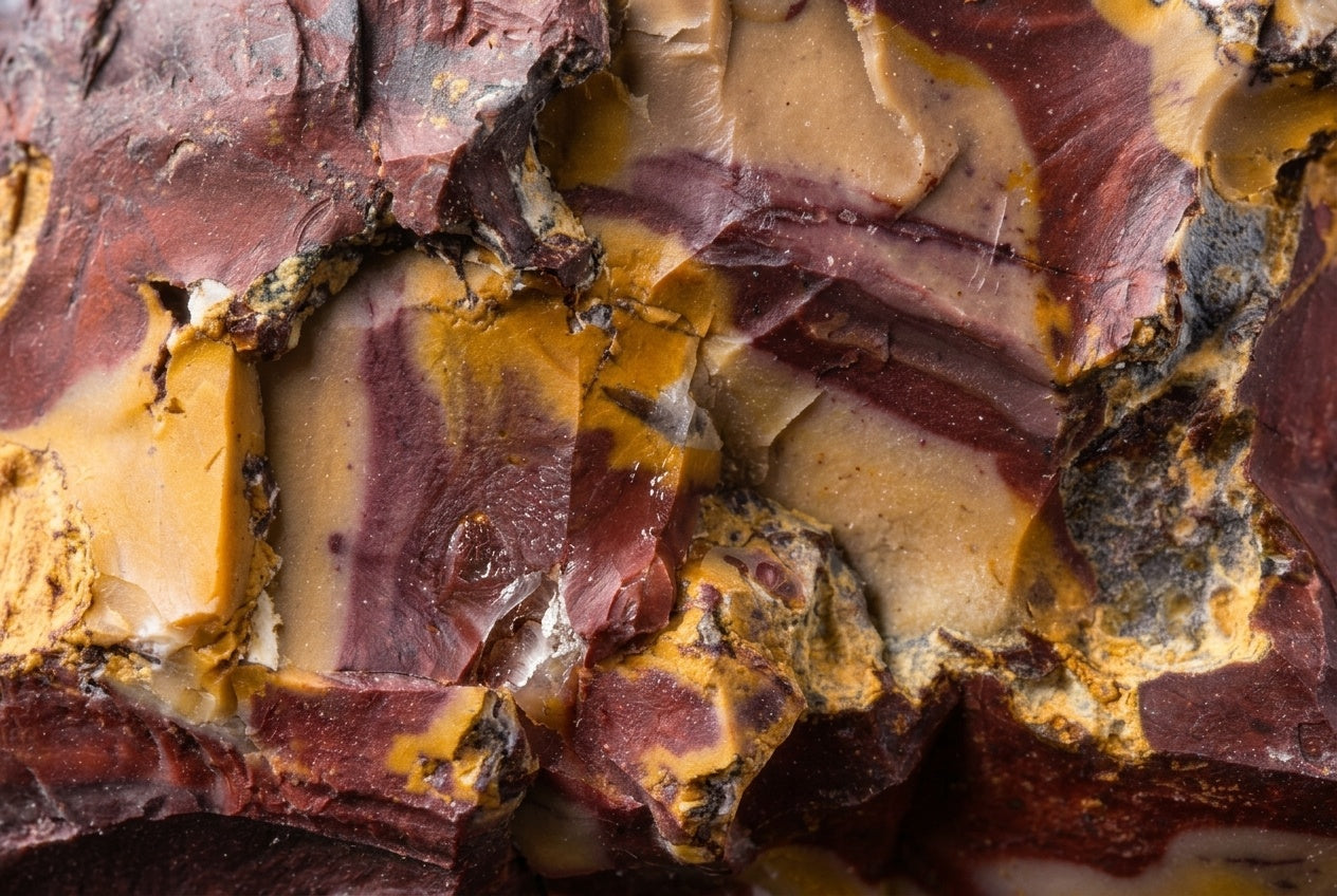 Nahaufnahme einer makro-Ansicht eines farbigen Mookait-Jaspis Gesteins mit rötlich-braunen, ockerfarbenen und beigen Streifen und Flecken. Die Oberfläche ist rau und uneben mit natürlichen Brüchen und Mustern.