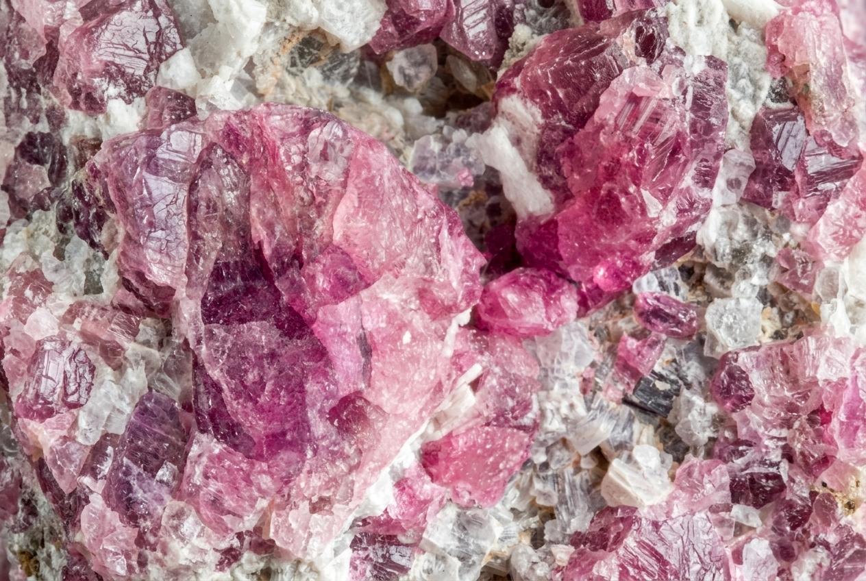 Nahaufnahme einer Gesteinsprobe mit zahlreichen rosa bis magentafarbenen Kristallen. Die unterschiedlich großen, teils transparenten Kristalle sind in eine helle, weiß-graue Matrix eingebettet und zeigen deutliche Facetten und Bruchstrukturen.