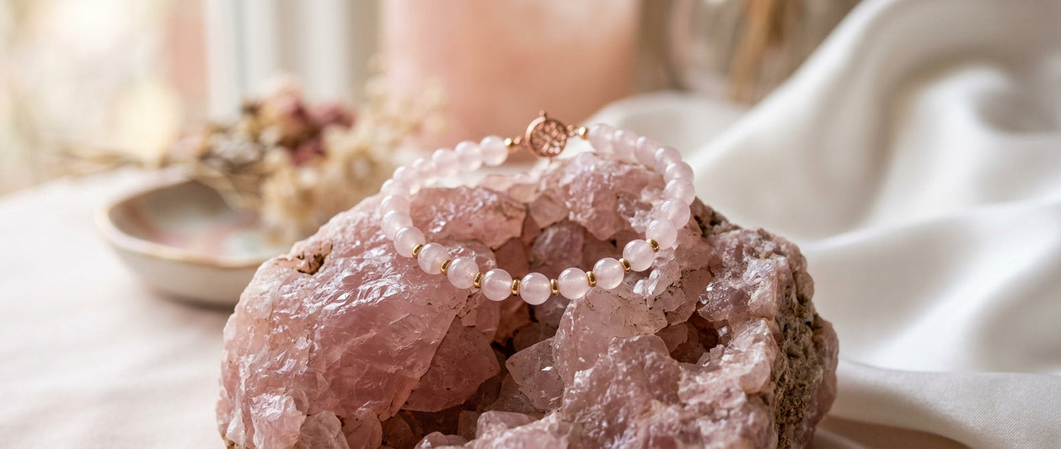 Sanftes Rosenquarz Armband auf rohem Edelstein - Die Rosenquarz Wirkung für Liebe und Harmonie, handgefertigt in der Schweiz von Andreani