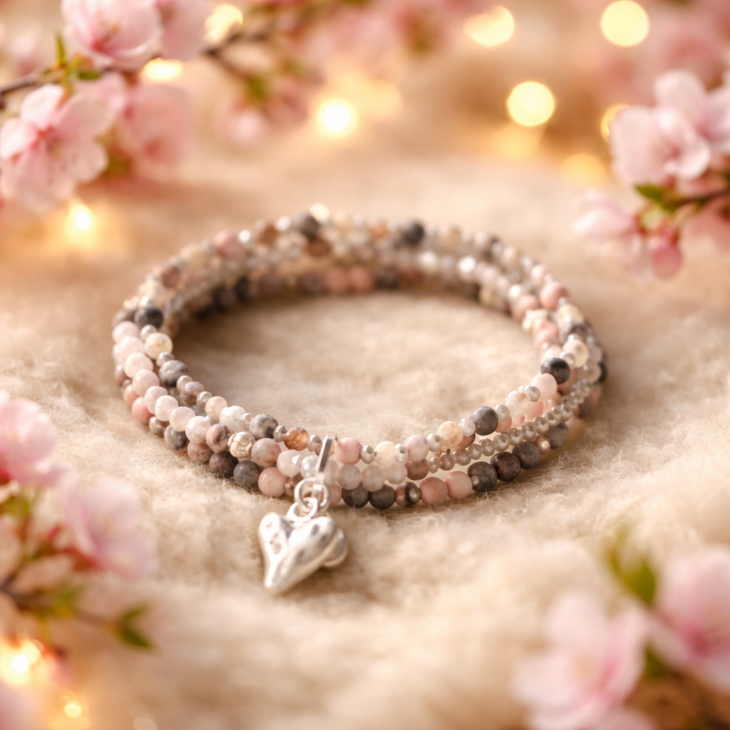 Armband aus echtem Jaspis und Achat mit Herzanhänger