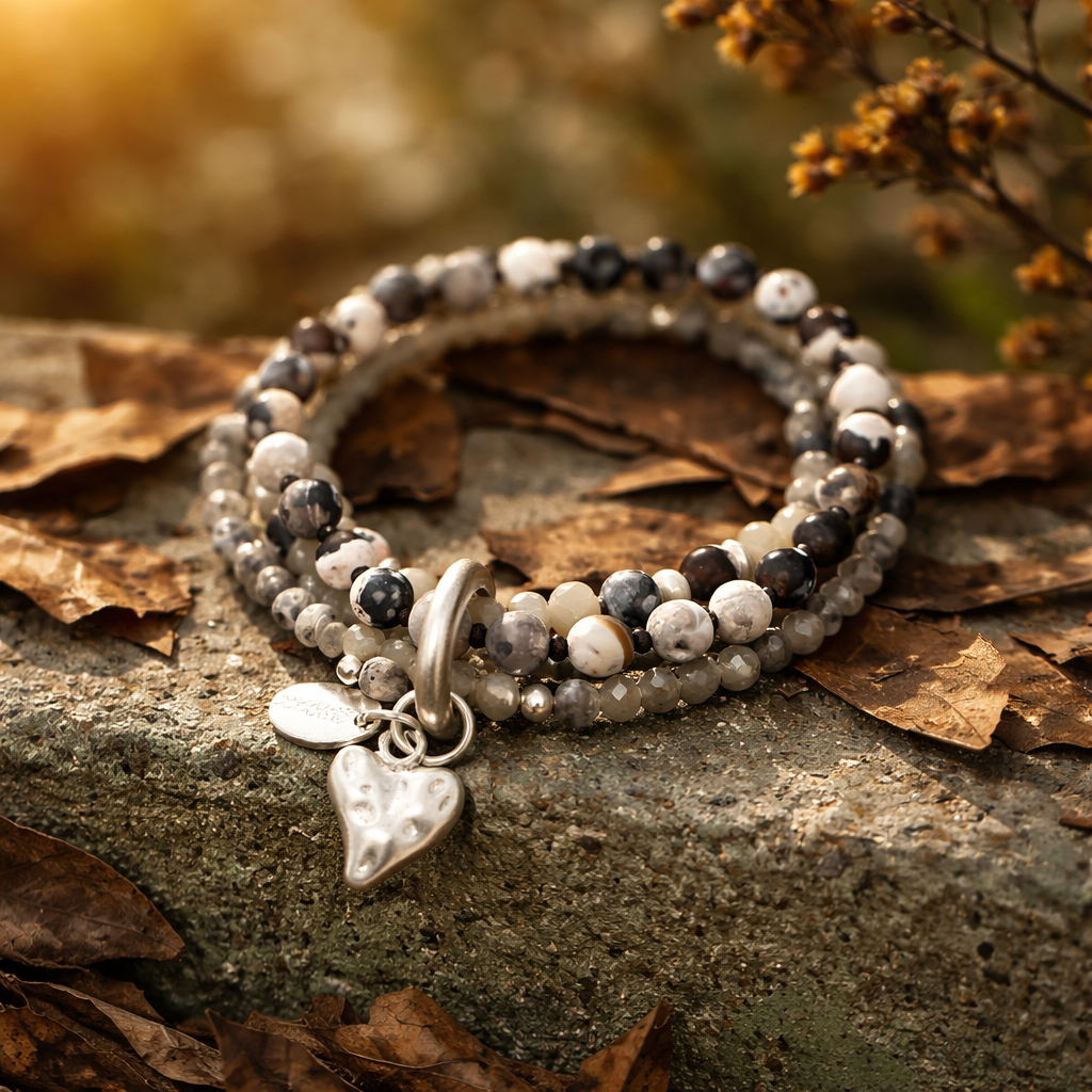 Armband aus echtem Grauem Achat mit Herzanhänger