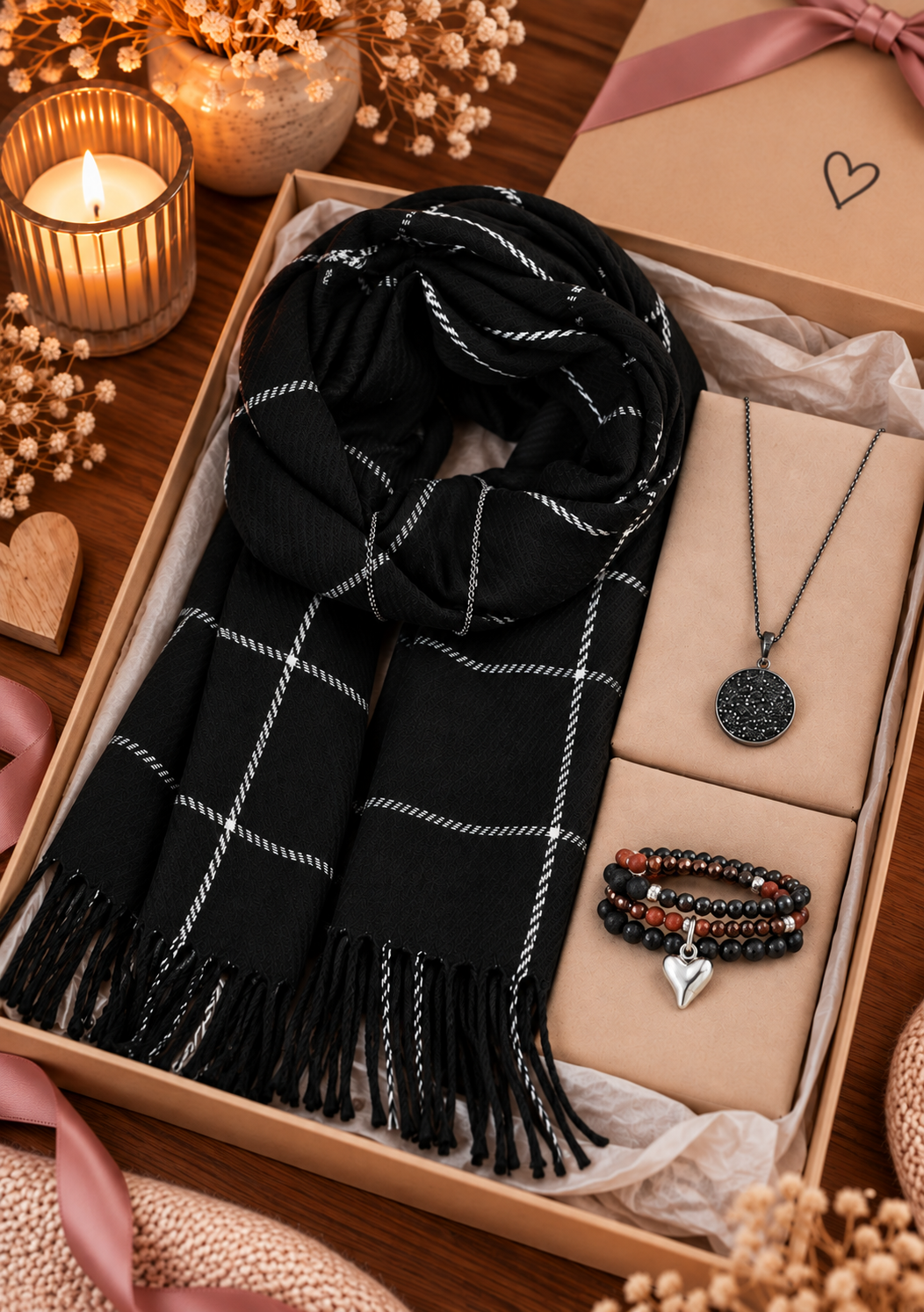 Geschenkset mit echtem Lavastein – Schal, Halskette &amp; Armband