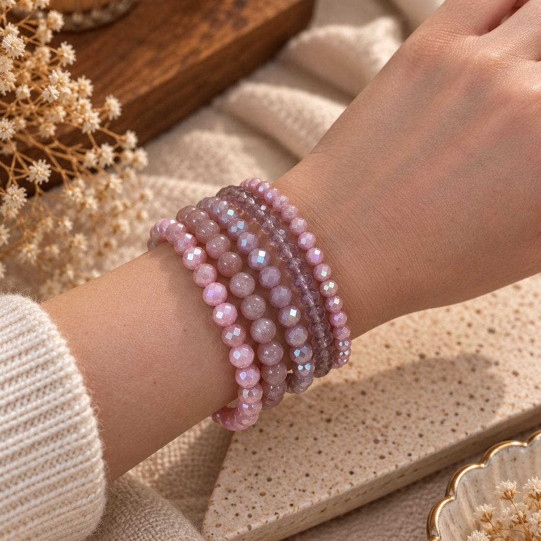 Armband-Set aus echtem Sonnenstein und Glas - 5-teilig