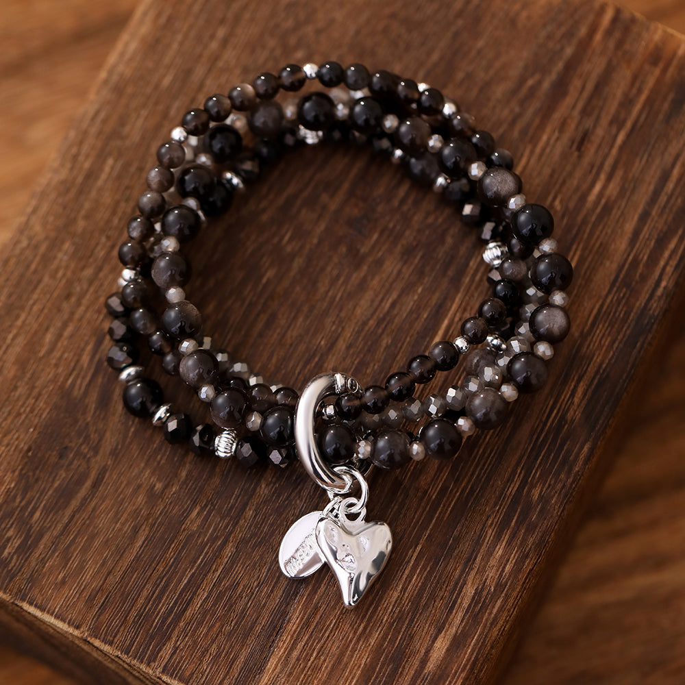 Armband aus echtem Obsidian mit Herzanhänger