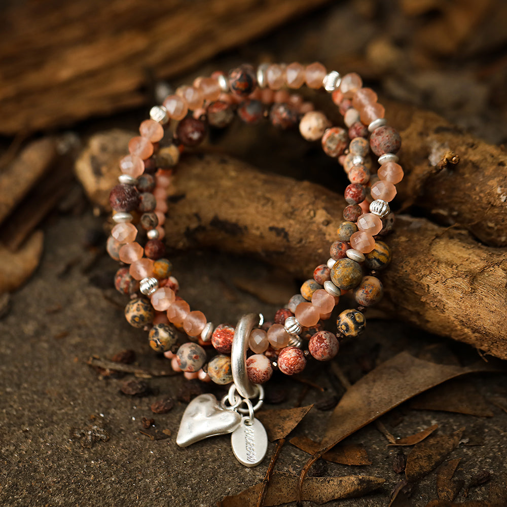 Armband aus echtem Leoparden Jaspis mit Herzanhänger rosa