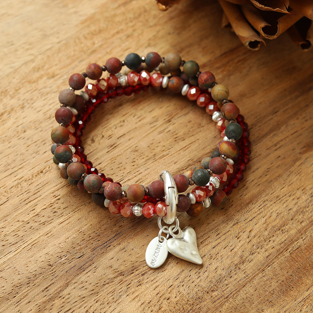 Armband aus echtem Leoparden Jaspis mit Herzanhänger rot