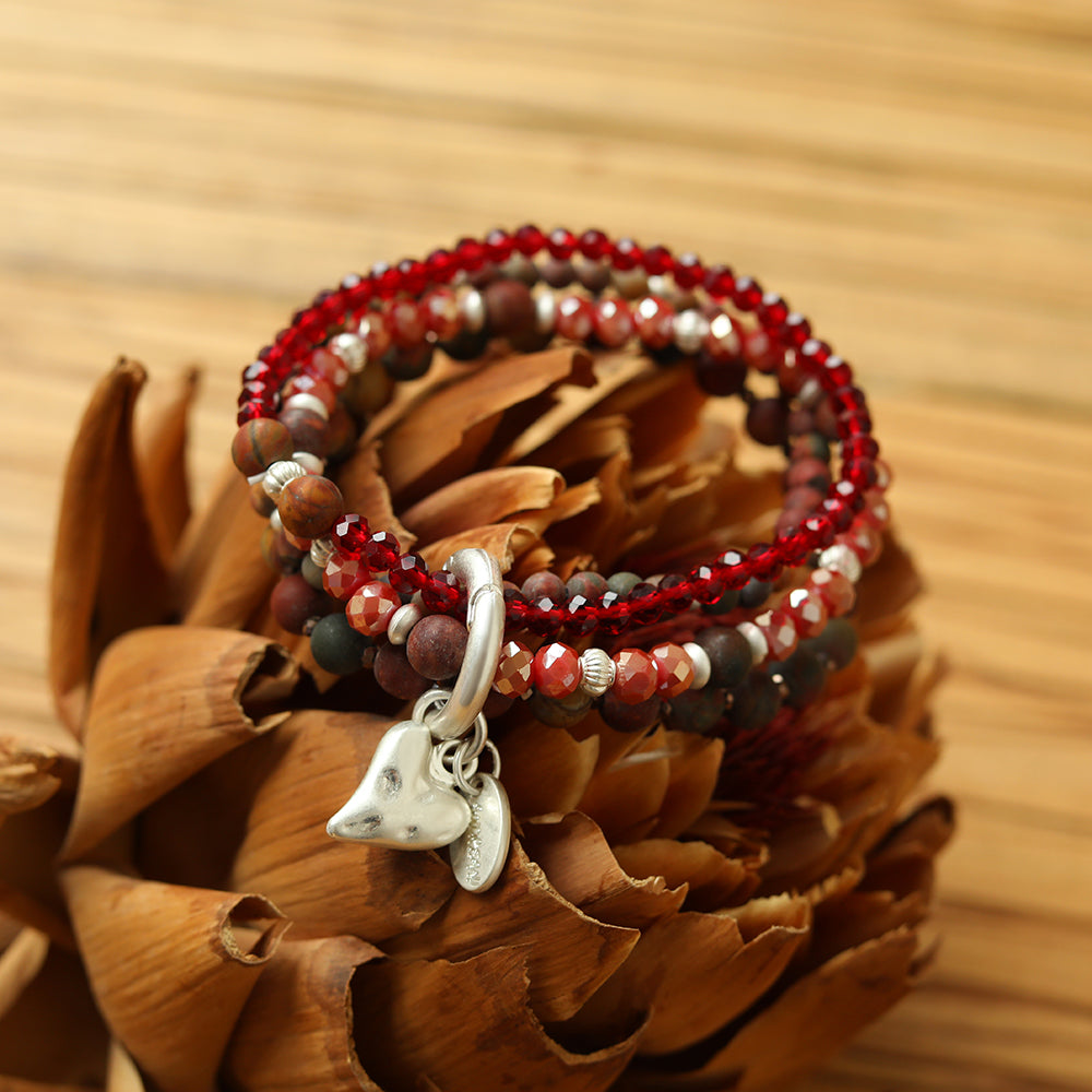 Armband aus echtem Leoparden Jaspis mit Herzanhänger rot