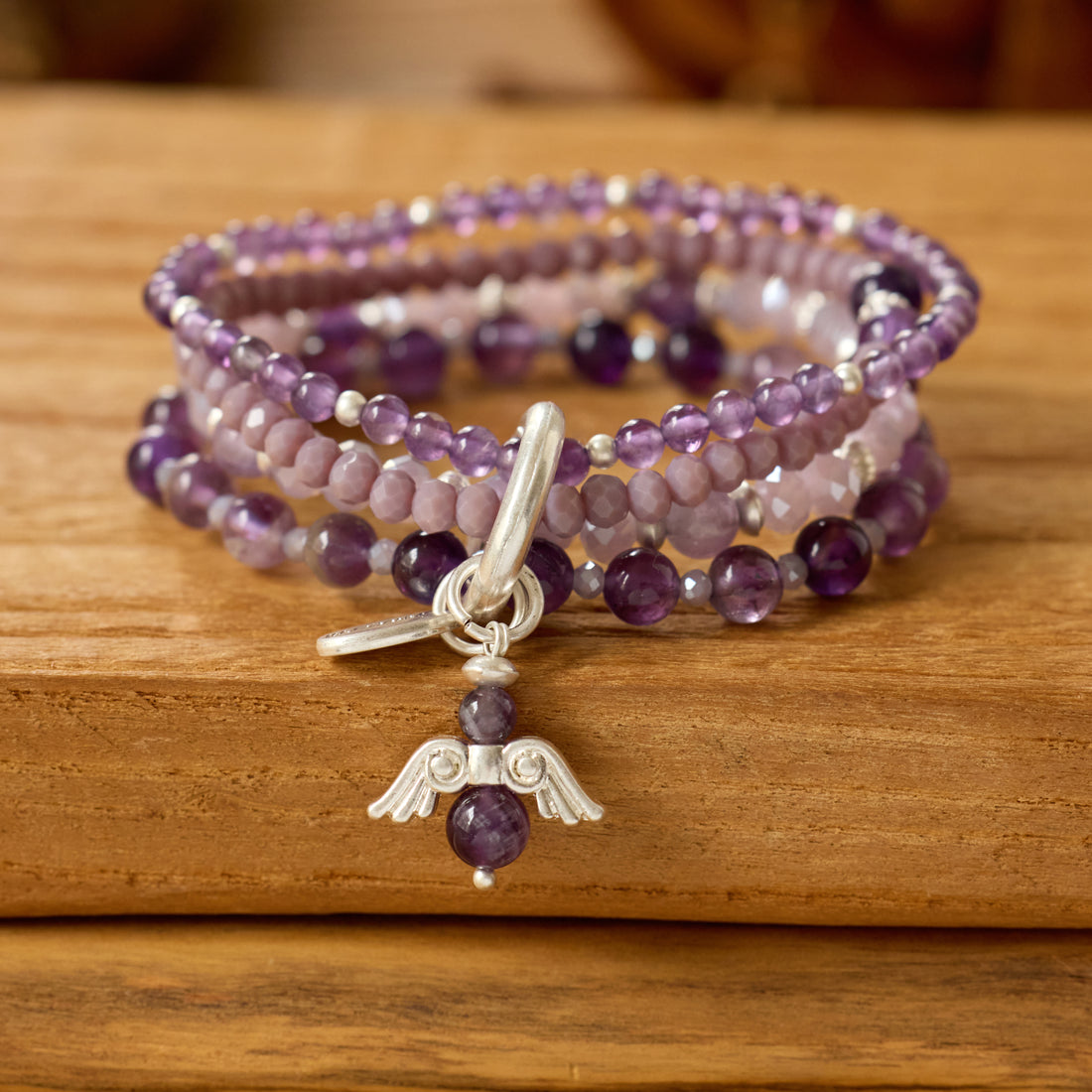 Armband aus echtem Amethyst mit Engelanhänger