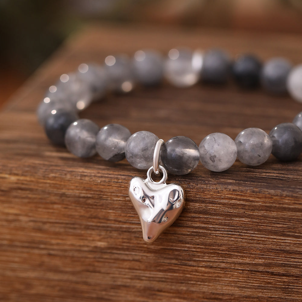 Armband aus echtem Grauer Achat mit Herzanhänger