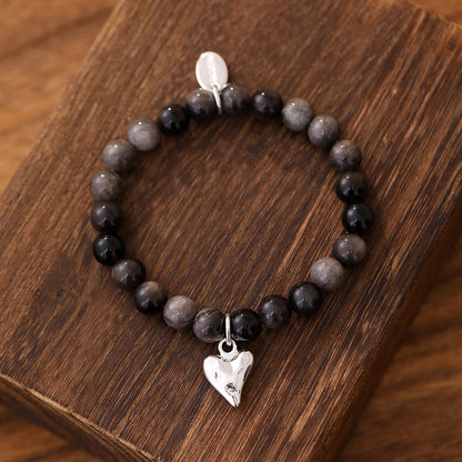 Armband aus echtem Obsidian mit Herzanhänger