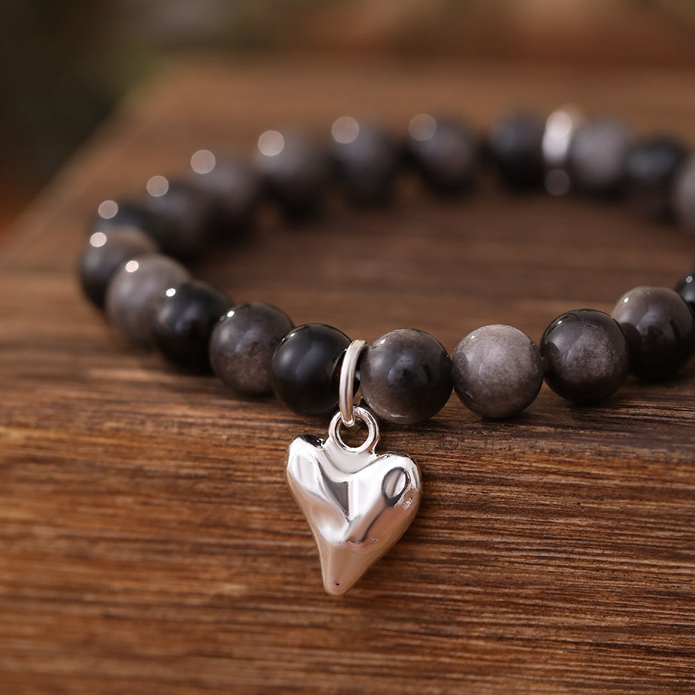 Armband aus echtem Obsidian mit Herzanhänger