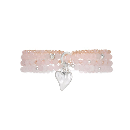 Armband aus echtem Rosenquarz mit Herzanhänger