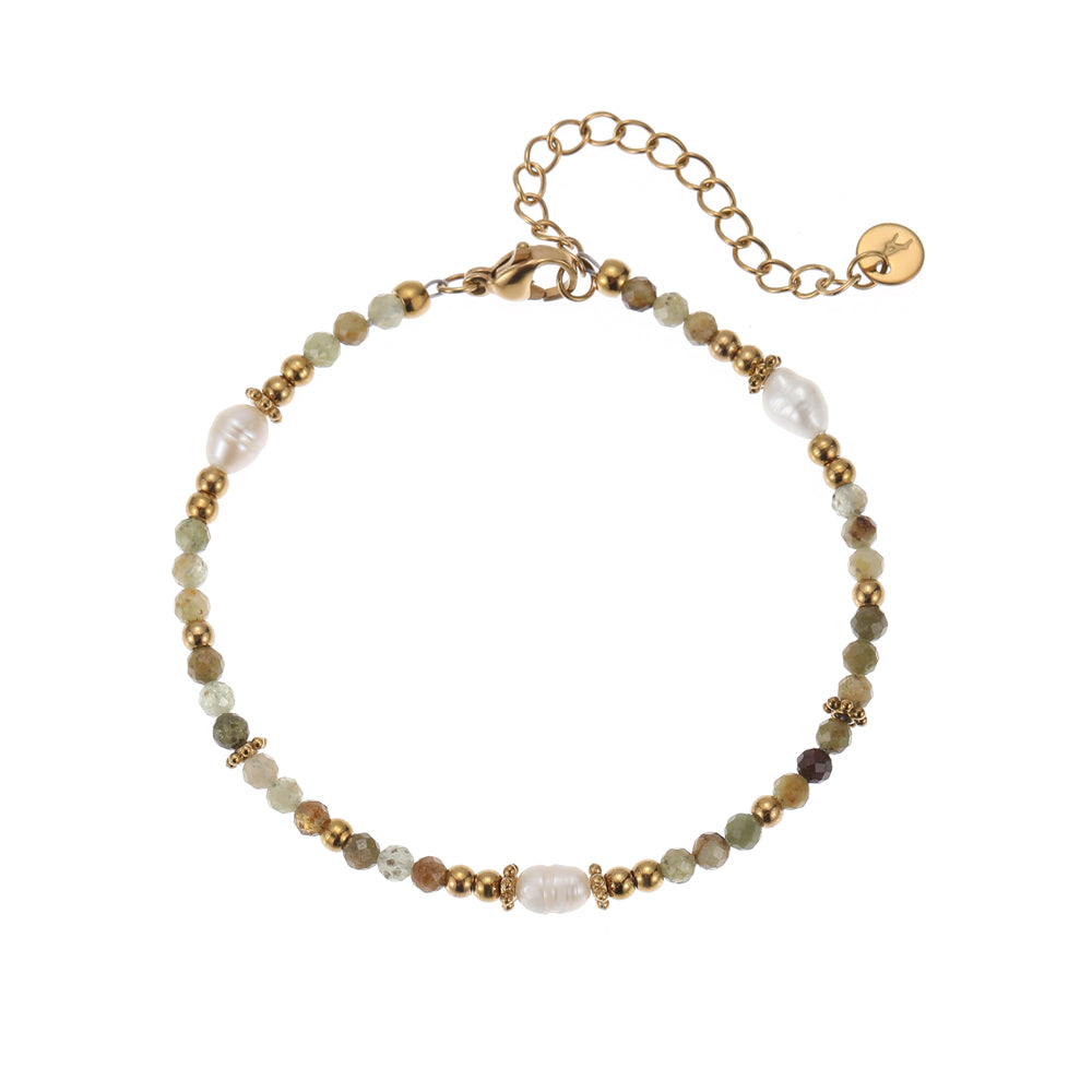 Armband aus echtem Prehnit mit Süsswasserperlen goldfarbig
