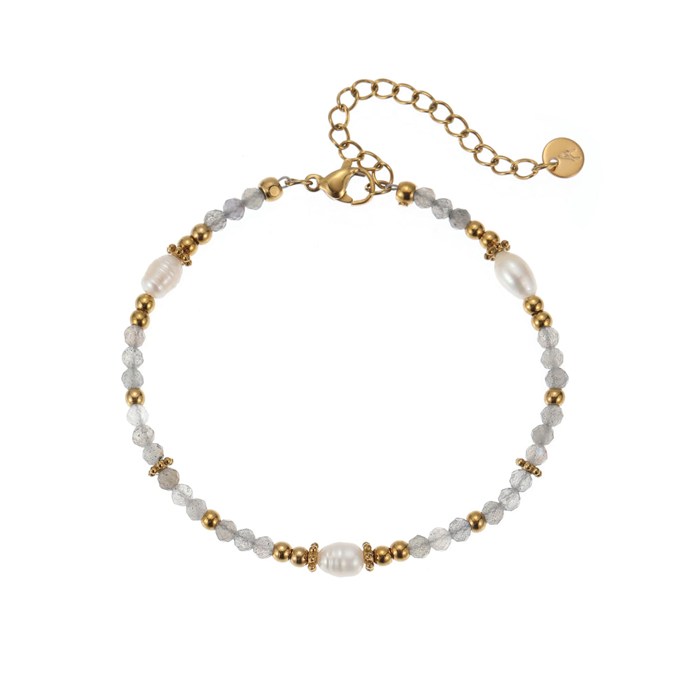 Armband aus echtem Labradorit mit Süsswasserperlen goldfarbig