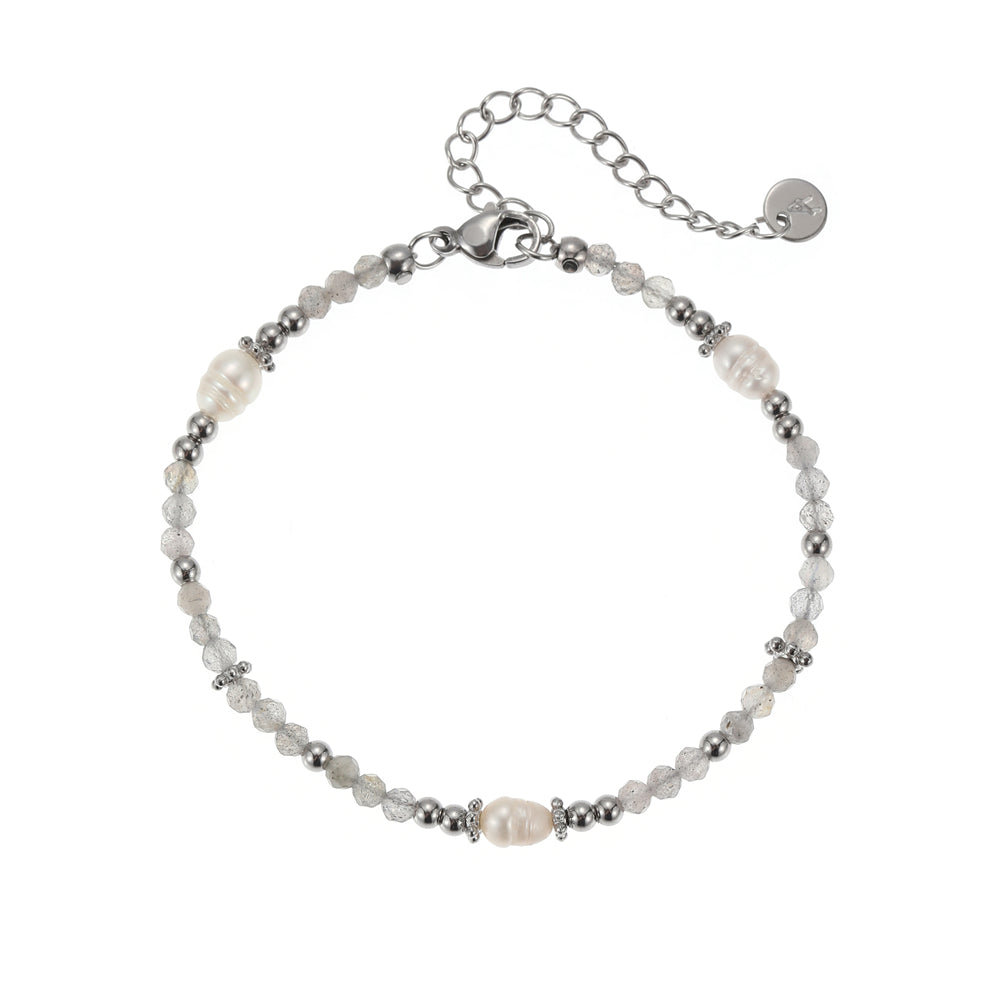 Armband aus echtem Labradorit mit Süsswasserperlen silberfarbig