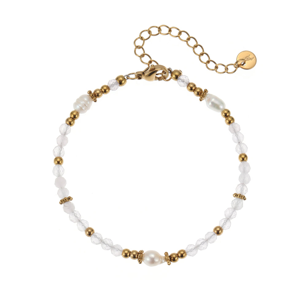 Armband aus echtem Rosenquarz mit Süsswasserperlen goldfarbig