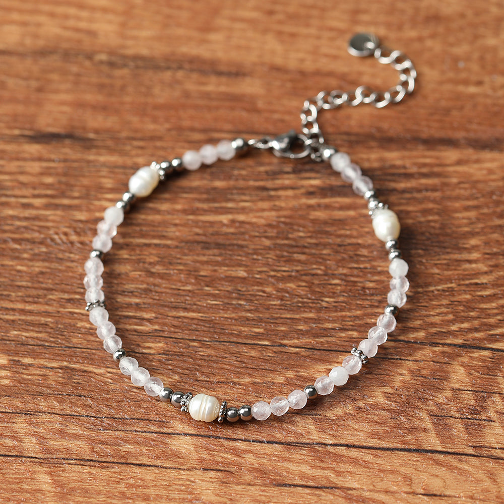 Armband aus echtem Rosenquarz mit Süsswasserperlen silberfarbig