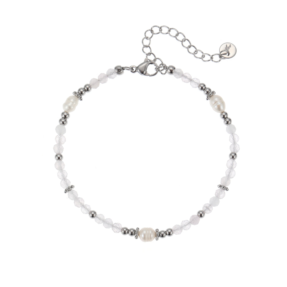 Armband aus echtem Rosenquarz mit Süsswasserperlen silberfarbig
