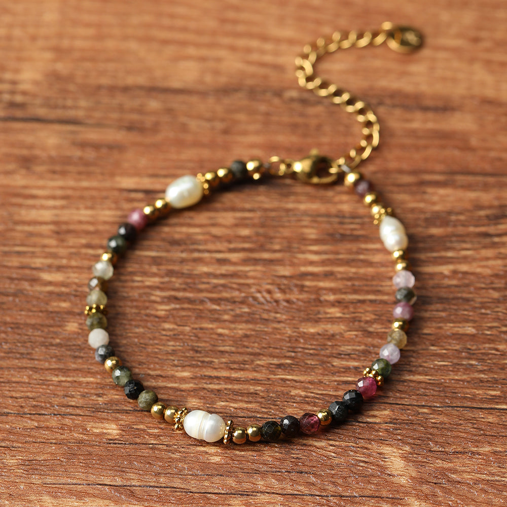 Armband aus echtem Turmalin mit Süsswasserperlen goldfarbig
