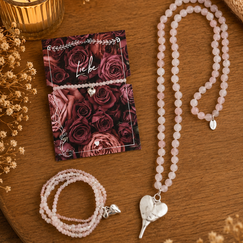 Geschenkset aus echtem Rosenquarz Stein