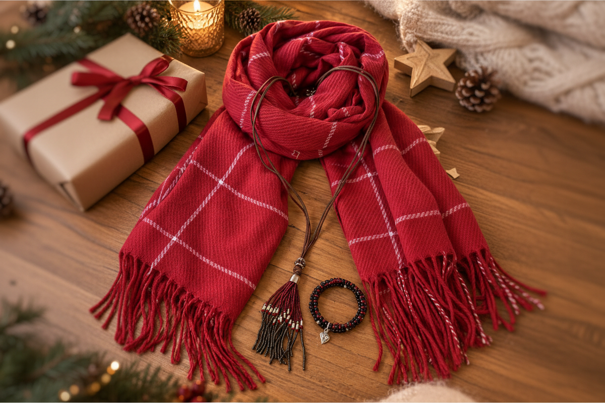 Geschenkset mit echtem braunem Jaspis – Schal, Halskette &amp; Armband