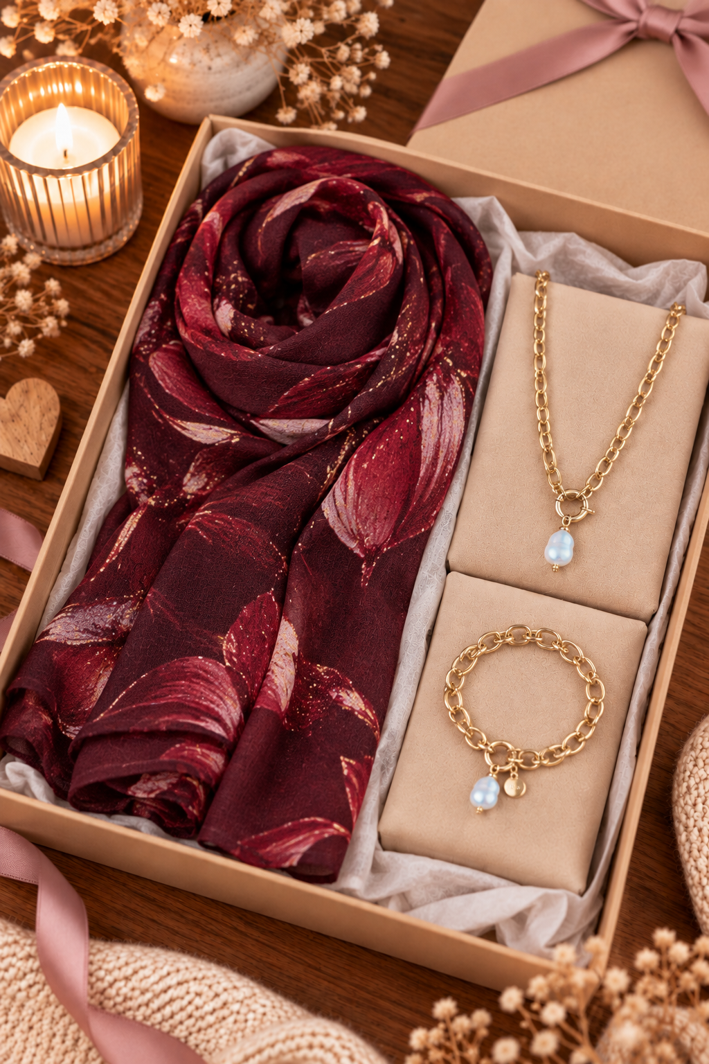 Geschenkset mit echten Shellbeads aus Muschelkern – Schal, Halskette &amp; Armband