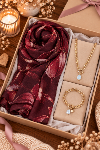 Geschenkset mit echten Shellbeads aus Muschelkern – Schal, Halskette &amp; Armband