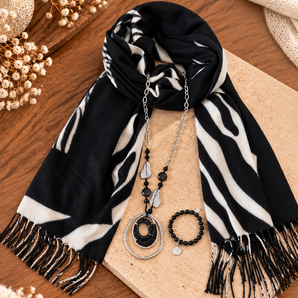 Geschenkset mit schwarzer Jade – Halskette, Armband &amp; Schal