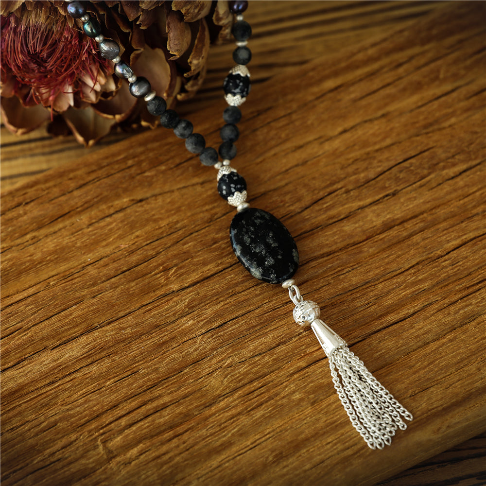 Halskette aus echtem Spektrolith mit Süsswasserperlen mit Pendant