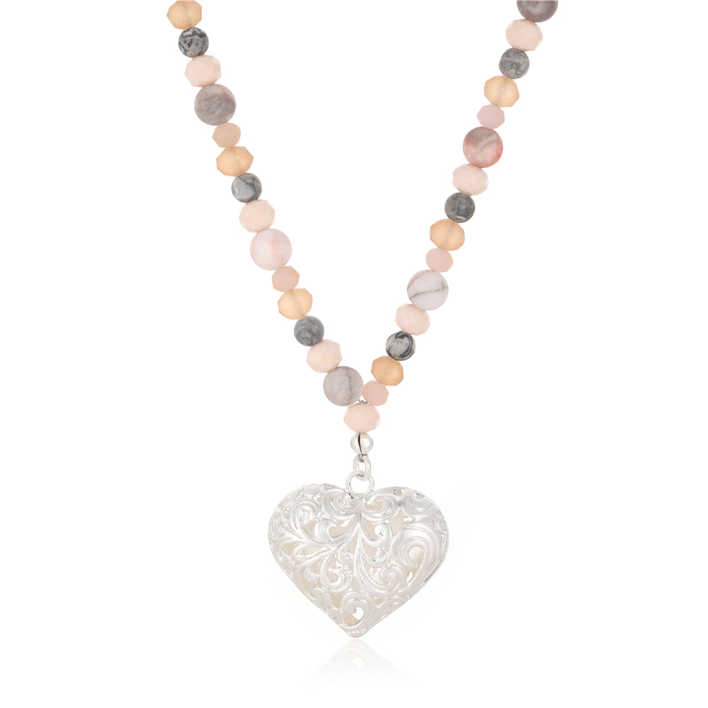 Halskette aus Jaspis und Achat mit Herzanhänger